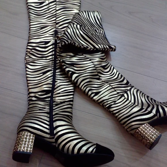 Kurt Geiger Mayfair Over the Knee Metallic Gold Black Zebra Boot 38.5 / 8 - Picture 3 of 7